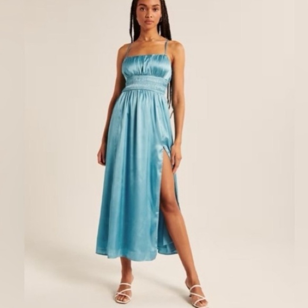 Abercrombie & Fitch Smocked Bodice Satin Maxi Dress with side slit Size Small